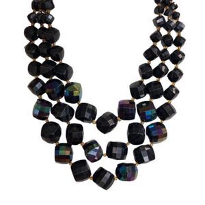 Vintage Western Germany Black Rainbow AB Beaded Gold Tone S Hook Triple Necklace